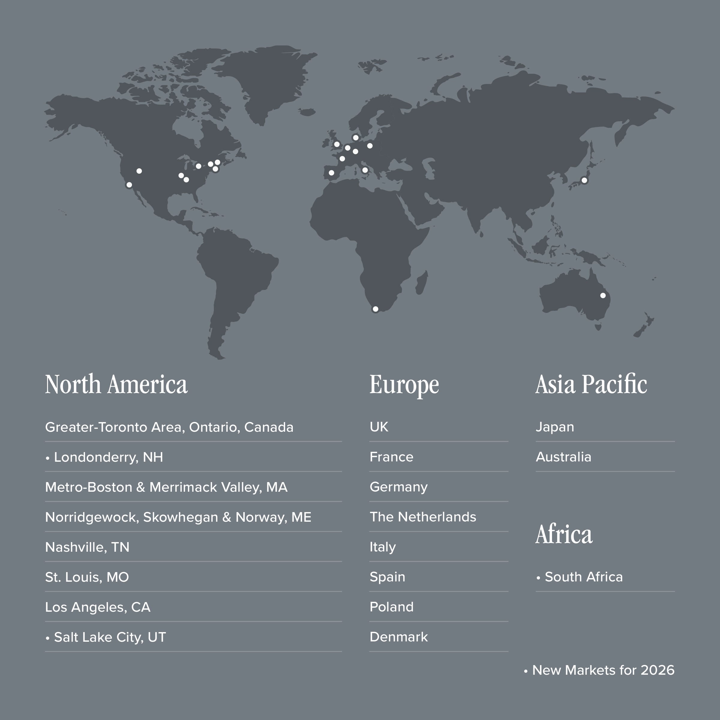 A map that shows the geographies where New Balance Foundation provides grants and includes the United States, Canada, United Kingdom and parts of Europe.